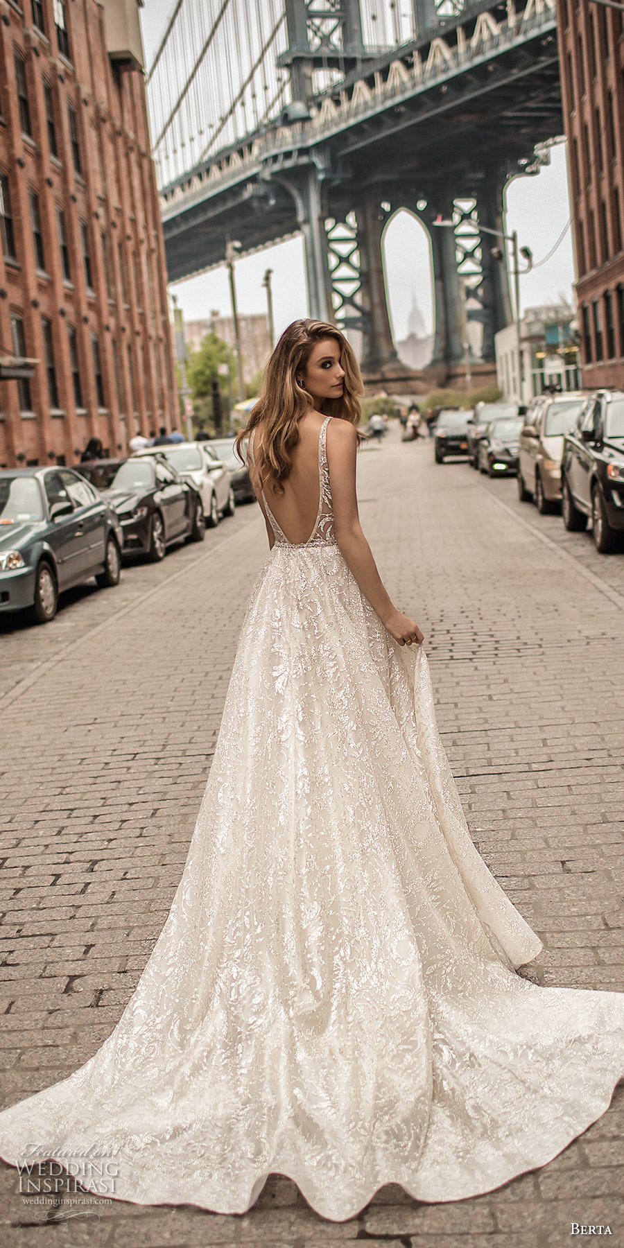 berta spring 2018 bridal sleeveless deep plunging v neck full embellishment sexy romantic a  line wedding dress pockets open scoop back chapel train (4) bv