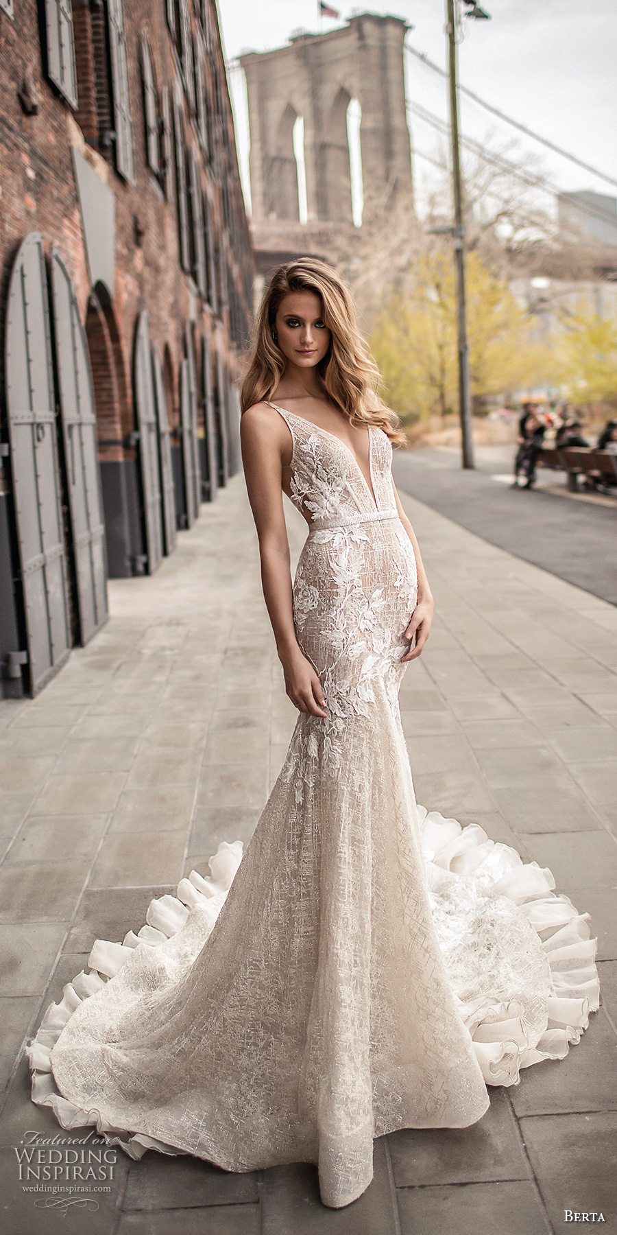 berta spring 2018 bridal sleeveless deep plunging v neckline full embellishment sexy elegant fit and flare wedding dress open low back chapel train (7) mv