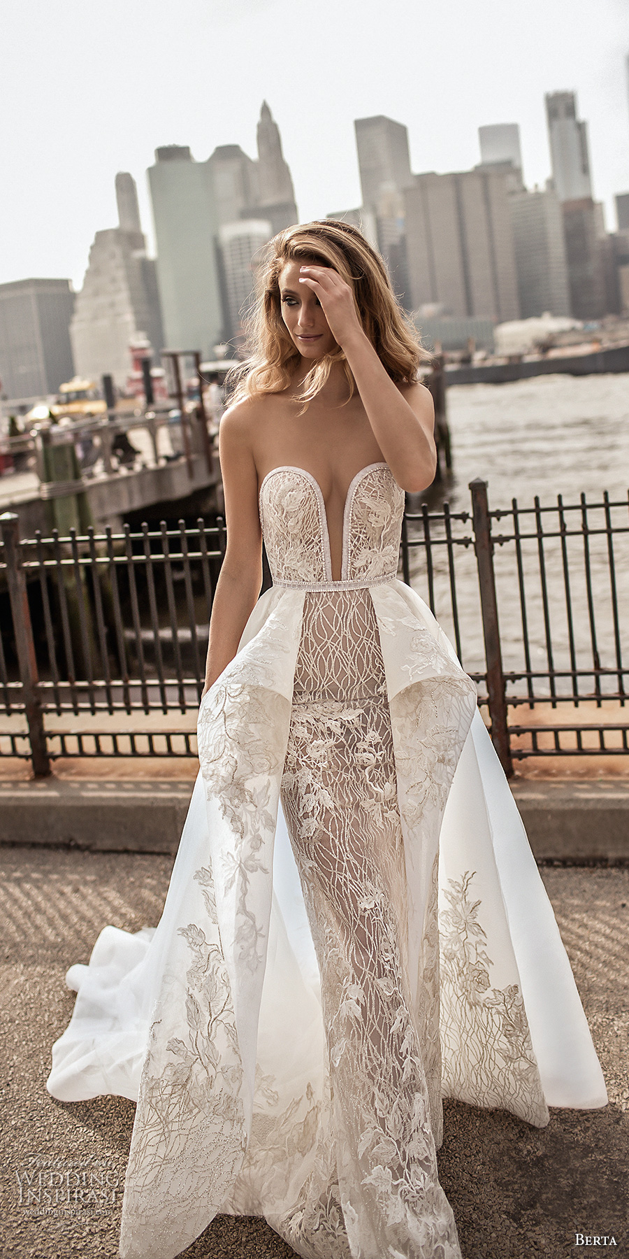 berta spring 2018 bridal strapless deep plunging sweetheart neckline full embellishment sexy romantic peplum a  line wedding dress open back chapel train (9) mv