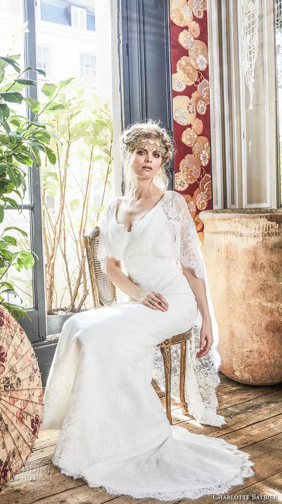 charlotte balbier 2018 bridal half angle sleeves v neck light embellshment romantic column a  line wedding dress lace cape sweep train (romy) mv