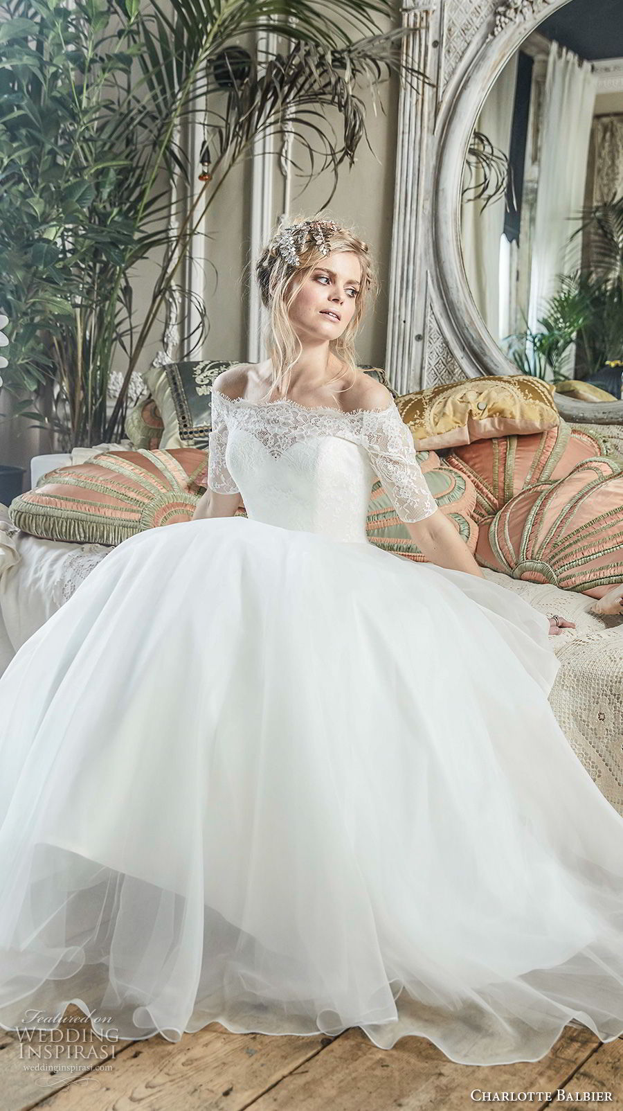 charlotte balbier 2018 bridal half sleeves illusion off the shoulder sweetheart neckline romantic ball gown wedding dress chapel train (sasha) mv 