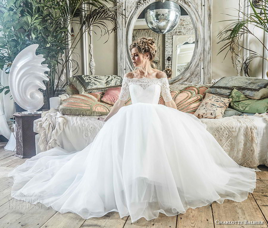 charlotte balbier 2018 bridal half sleeves illusion off the shoulder sweetheart neckline romantic ball gown wedding dress chapel train (sasha) mv