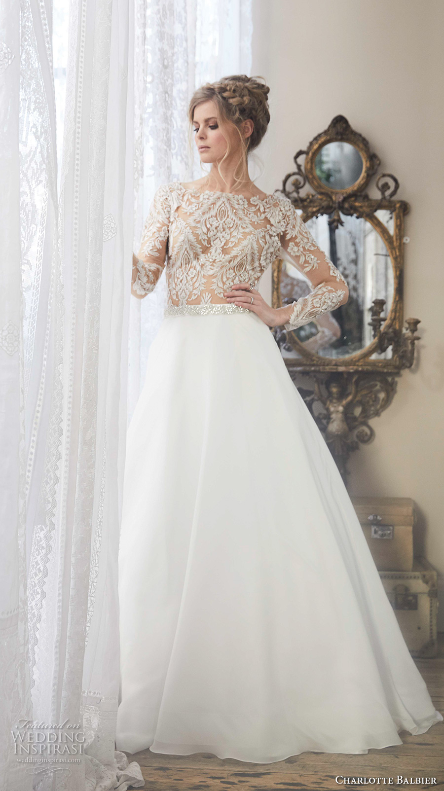 charlotte balbier 2018 bridal long sleeves bateau neckline heavily embellished bodice romantic elegant a  line wedding dress covered lace back chapel train (klara) mv