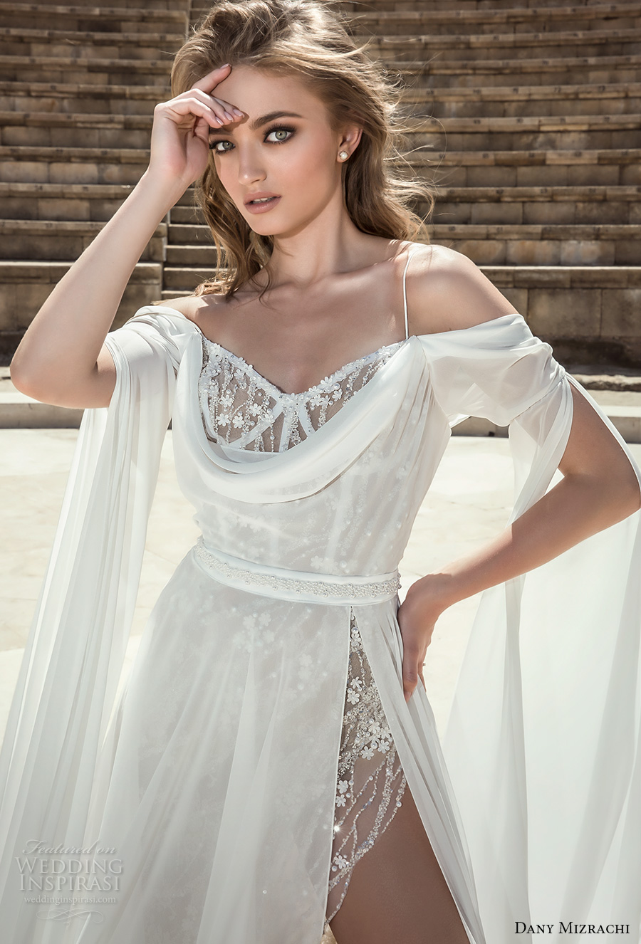 dany mizrachi 2018 bridal long angle sleeves off shoulder sweetheart neckline high side slit flowy skirt grecian a  line wedding dress (2) zv