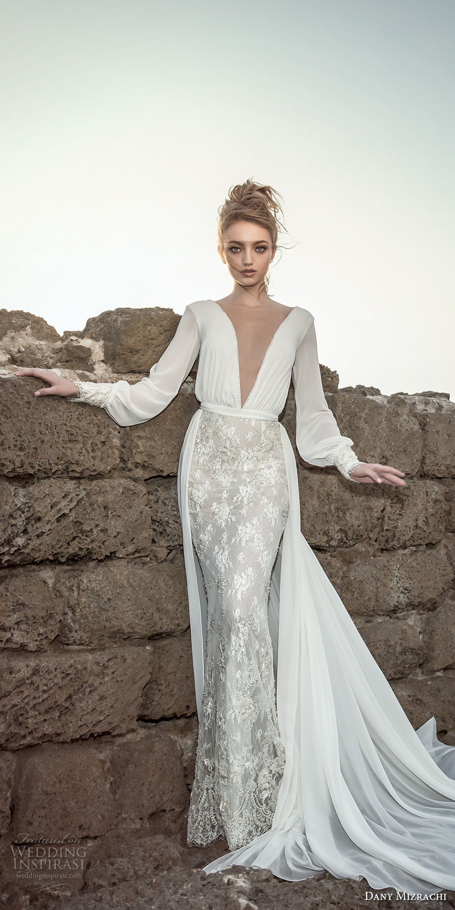 dany mizrachi 2018 bridal long bishop sleeves deep plunging v neck heavily embellished skirt elegant sexy fit and flarew wedding dress a  line overskirt open v back chapel train (17) mv