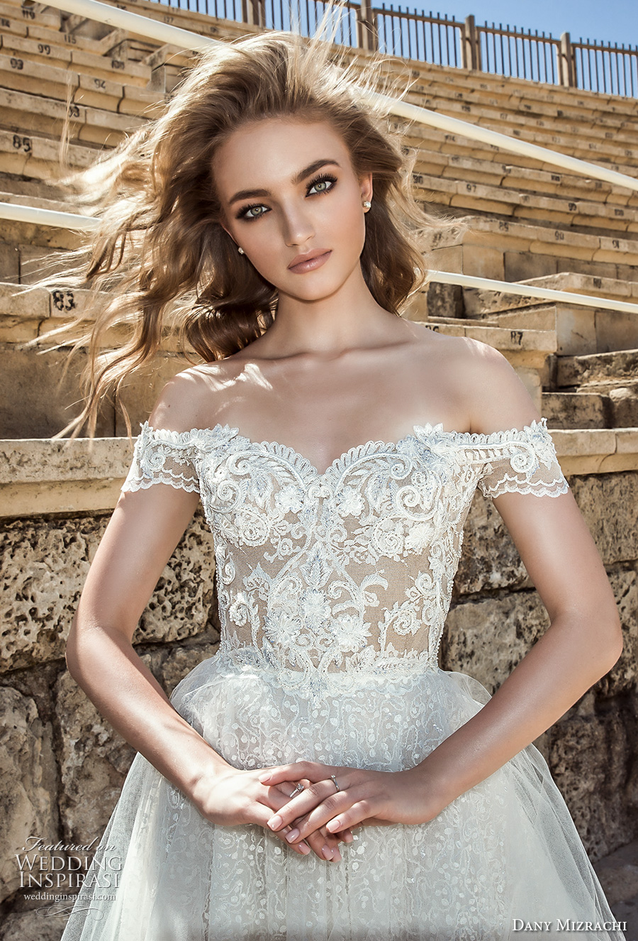 dany mizrachi 2018 bridal off shoulder sweetheart neckline full embellishment tulle skirt elegant romantic a  line wedding dress lace back short train (1) zv