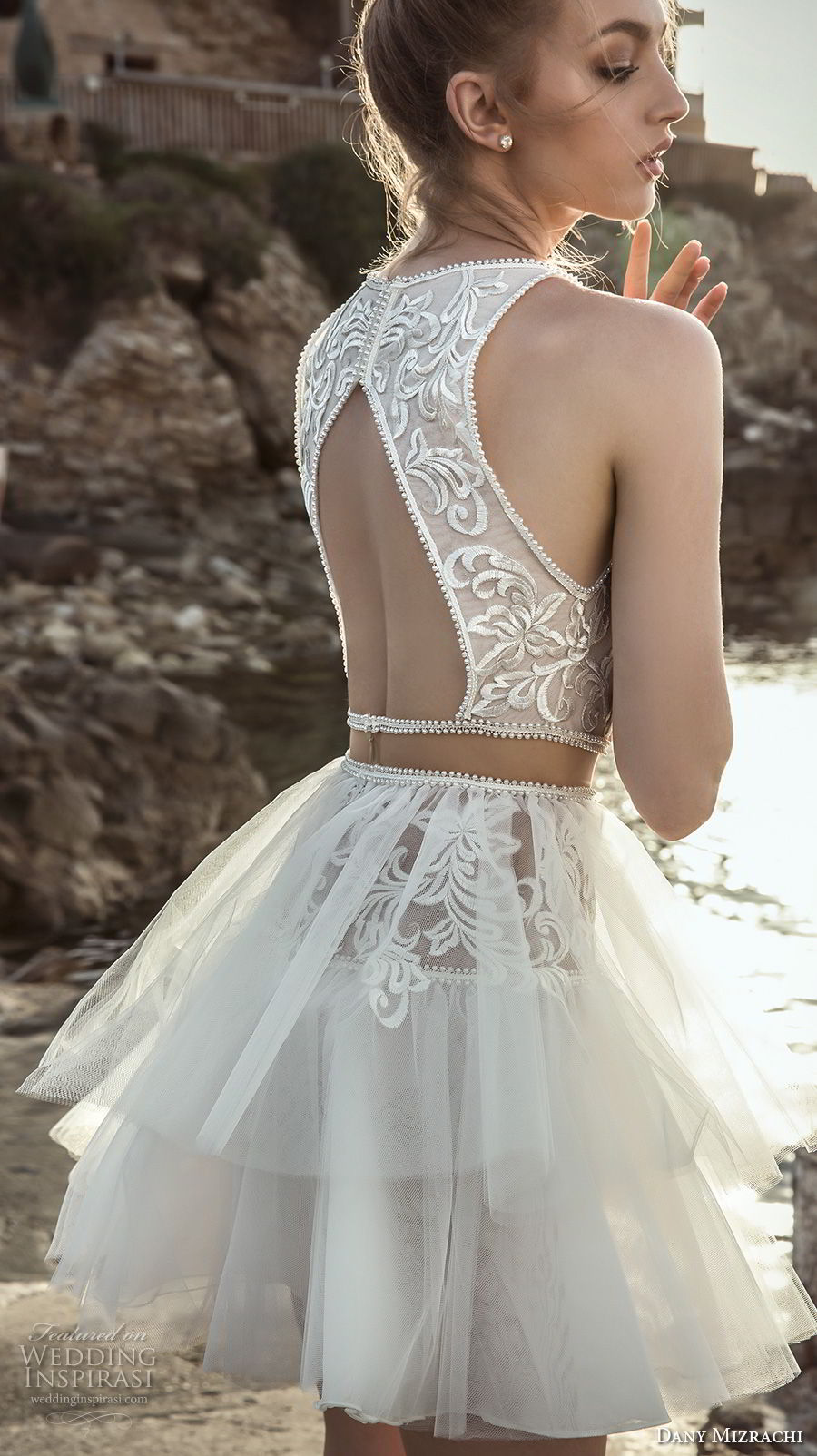 dany mizrachi 2018 bridal sleeveless halter jewel neck heavily embellished bodice tulle skirt above the knee short wedding dress keyhole back (21) bv