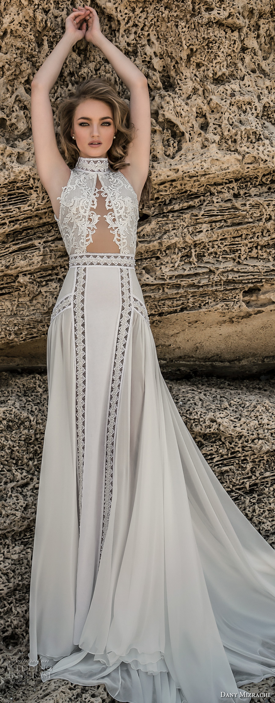 dany mizrachi 2018 bridal sleeveless high neck heavily embellished keyhole bodice flowy skirt bohemian sheath wedding dress keyhole back chapel train (5) mv