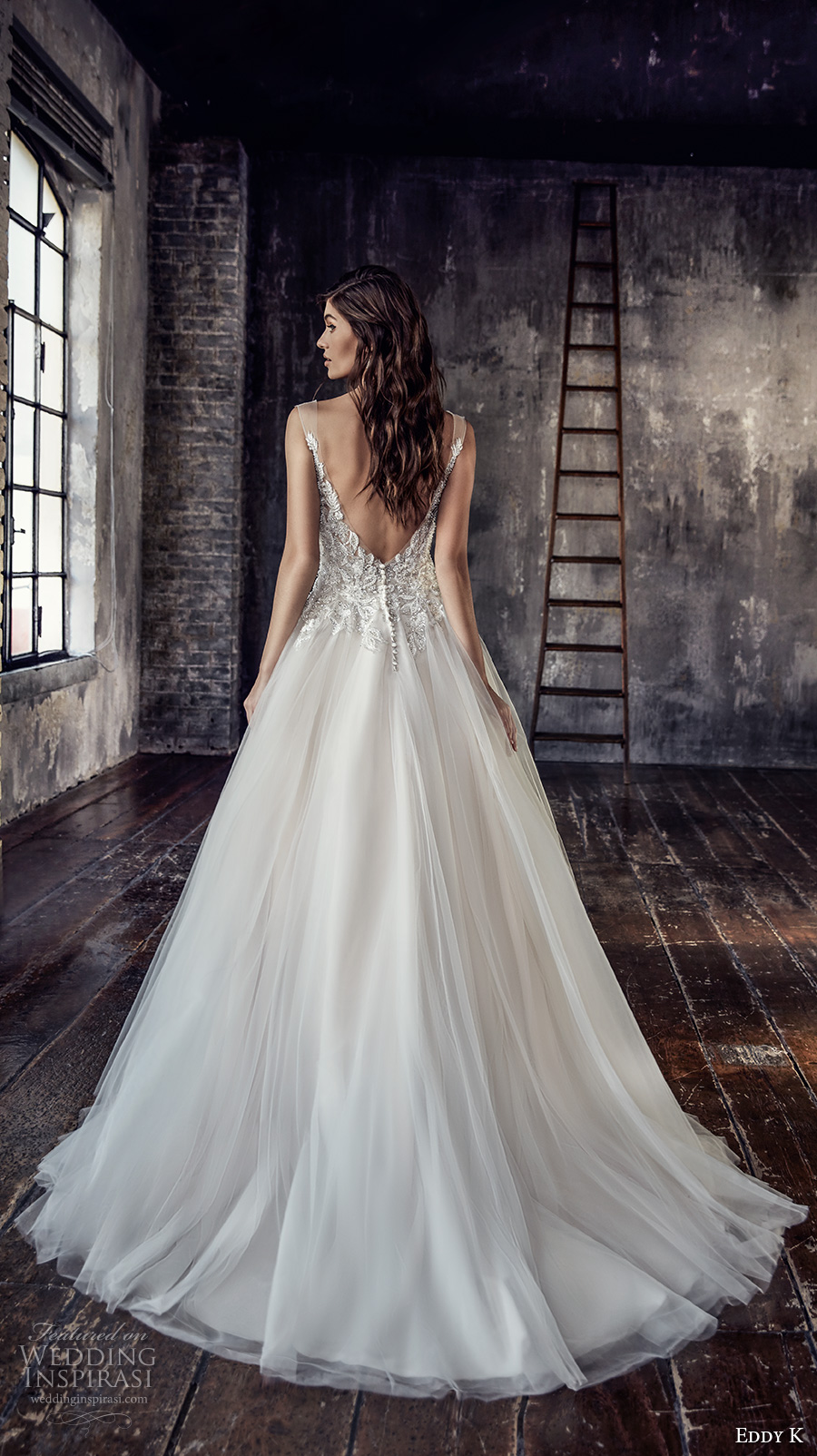 eddy k 2018 bridal cap sleeves illusion bateau deep plunging sweetheart neckline heavily embellished bodice tulle skirt romantic a  line wedding dress open scoop back chapel train (199)  bv