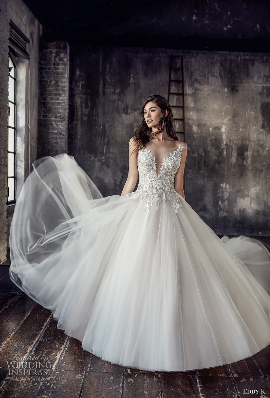 eddy k 2018 bridal cap sleeves illusion bateau deep plunging sweetheart neckline heavily embellished bodice tulle skirt romantic a  line wedding dress open scoop back chapel train (199) mv