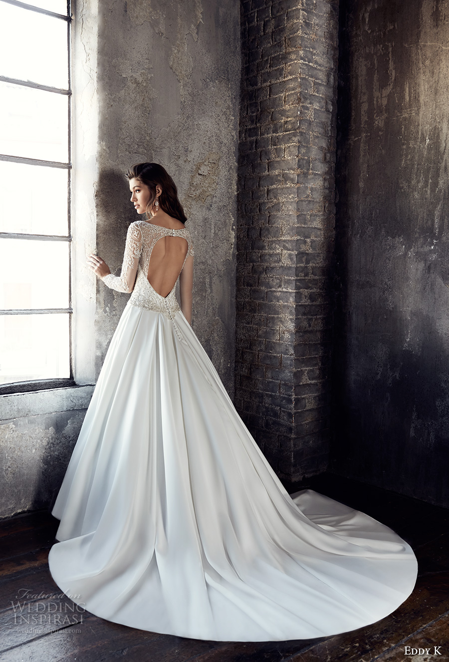 eddy k 2018 bridal long sleeves illusion scoop sweetheart neckline heavily embellished bodice satin skirt glamorous a  line wedding dress keyhole back chapel train (ct196) bv