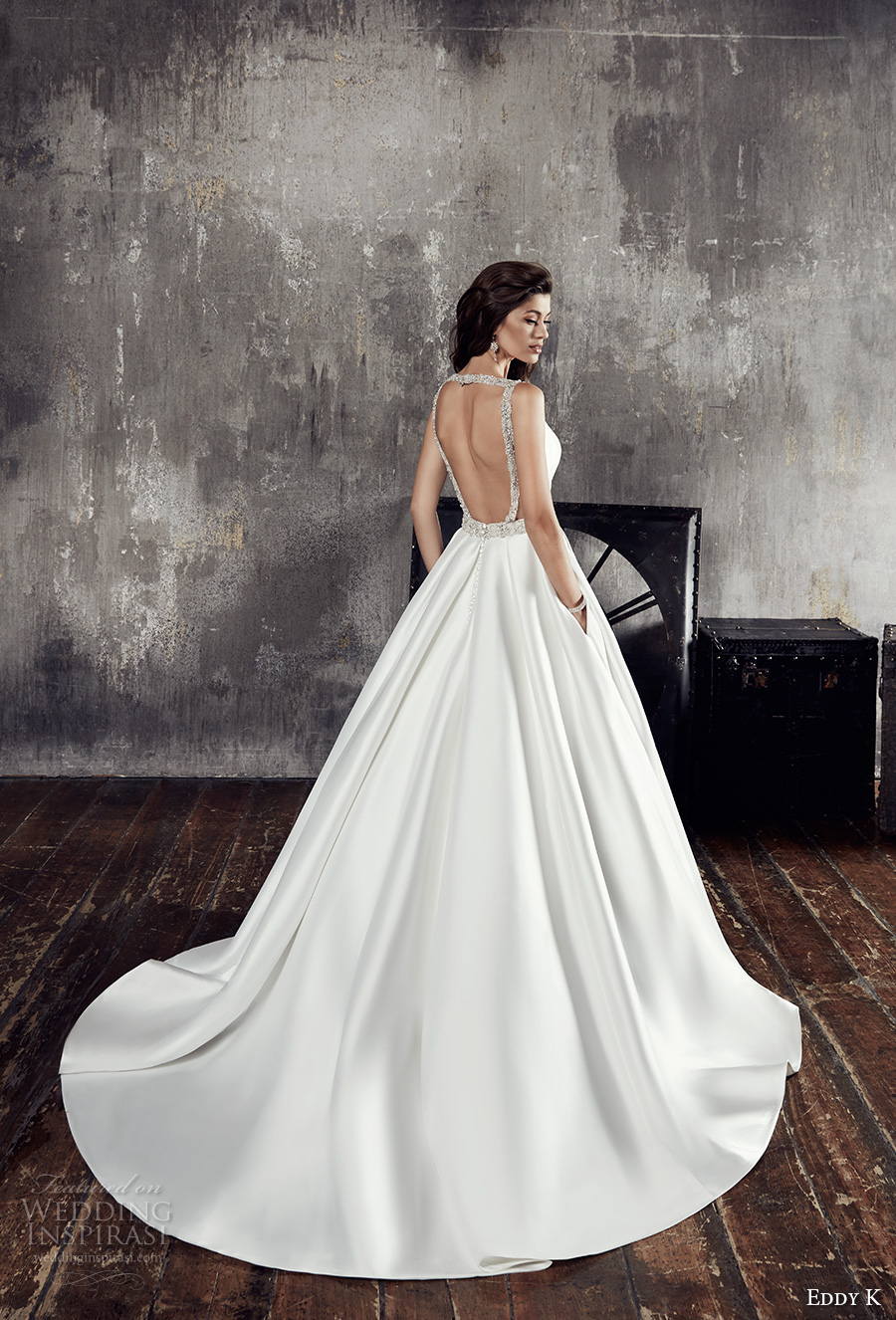 eddy k 2018 bridal sleeveless deep plunging v neck simple clean elegant ball gown a  line wedding dress pockets keyhole back chapel train (ct189) bv