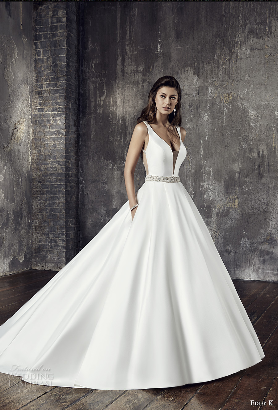eddy k 2018 bridal sleeveless deep plunging v neck simple clean elegant ball gown a line wedding dress pockets keyhole back chapel train (ct189) mv eddy k 2018 bridal sleeveless deep plunging v neck simple clean elegant ball gown a line wedding dress pockets keyhole back chapel train (ct189) mv