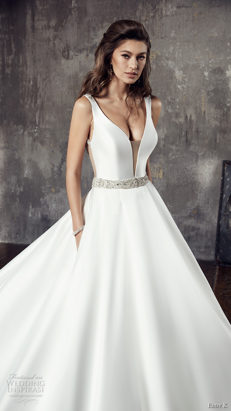 eddy k 2018 bridal sleeveless deep plunging v neck simple clean elegant ball gown a  line wedding dress pockets keyhole back chapel train (ct189) zv