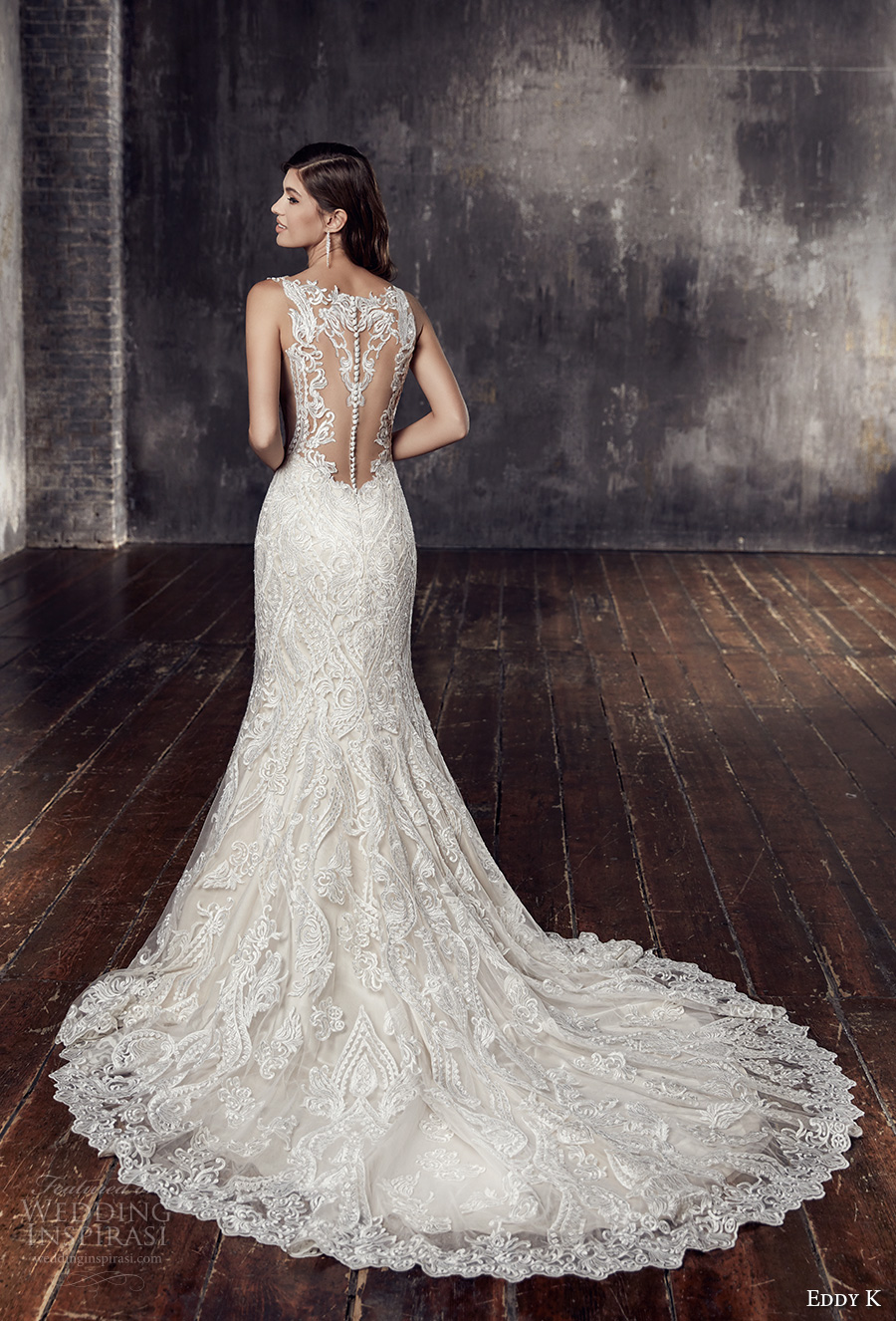 eddy k 2018 bridal sleeveless embroidered strap v neck full embellishment elegant lace fit and flare wedding dress sheer lace back chapel train (ct198) bv