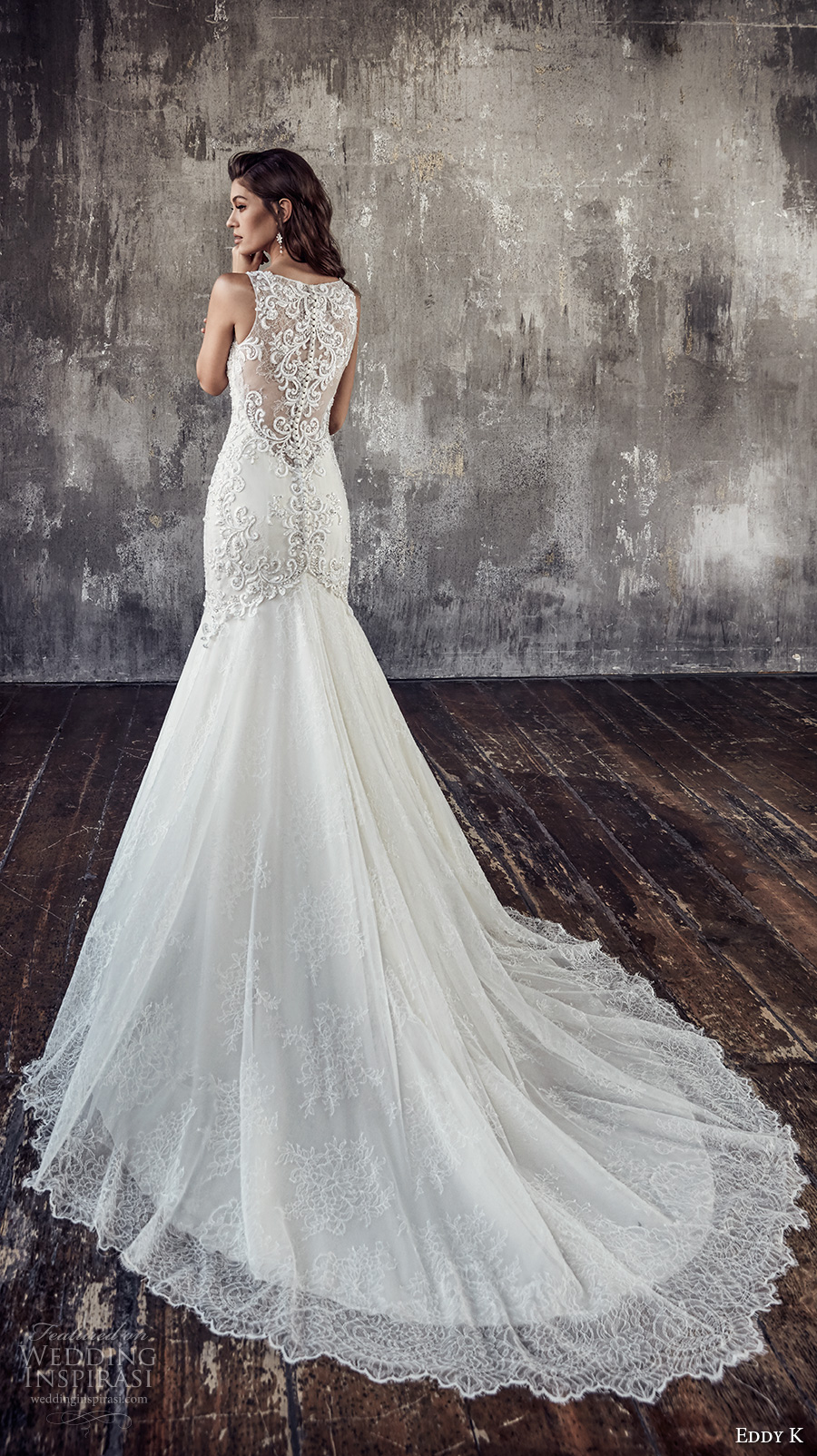 eddy k 2018 bridal sleeveless strap v neckline heavily embellished bodice elegant glamorous trumpet wedding dress covered lace back chapel train (203) bv