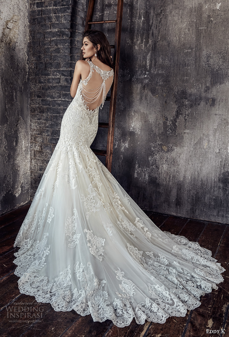 eddy k 2018 bridal sleeveless v neck heavily embellished bodice elegant romanitc mermaid wedding dress open embellished back chapel train (209) bv