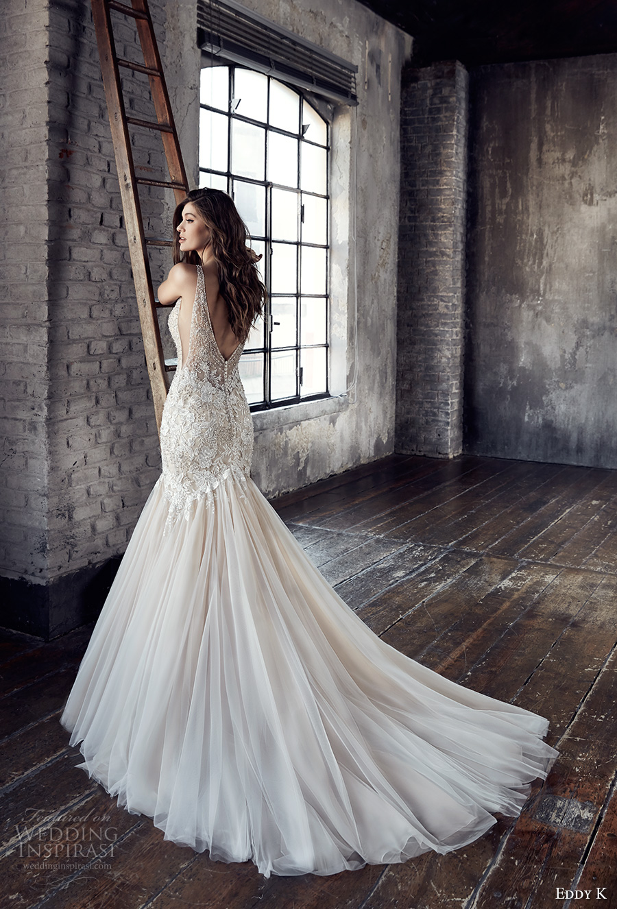 eddy k 2018 bridal sleeveless v neck heavily embellished bodice elegant sexy mermaid wedding dress open v back chapel train (ct187) bv