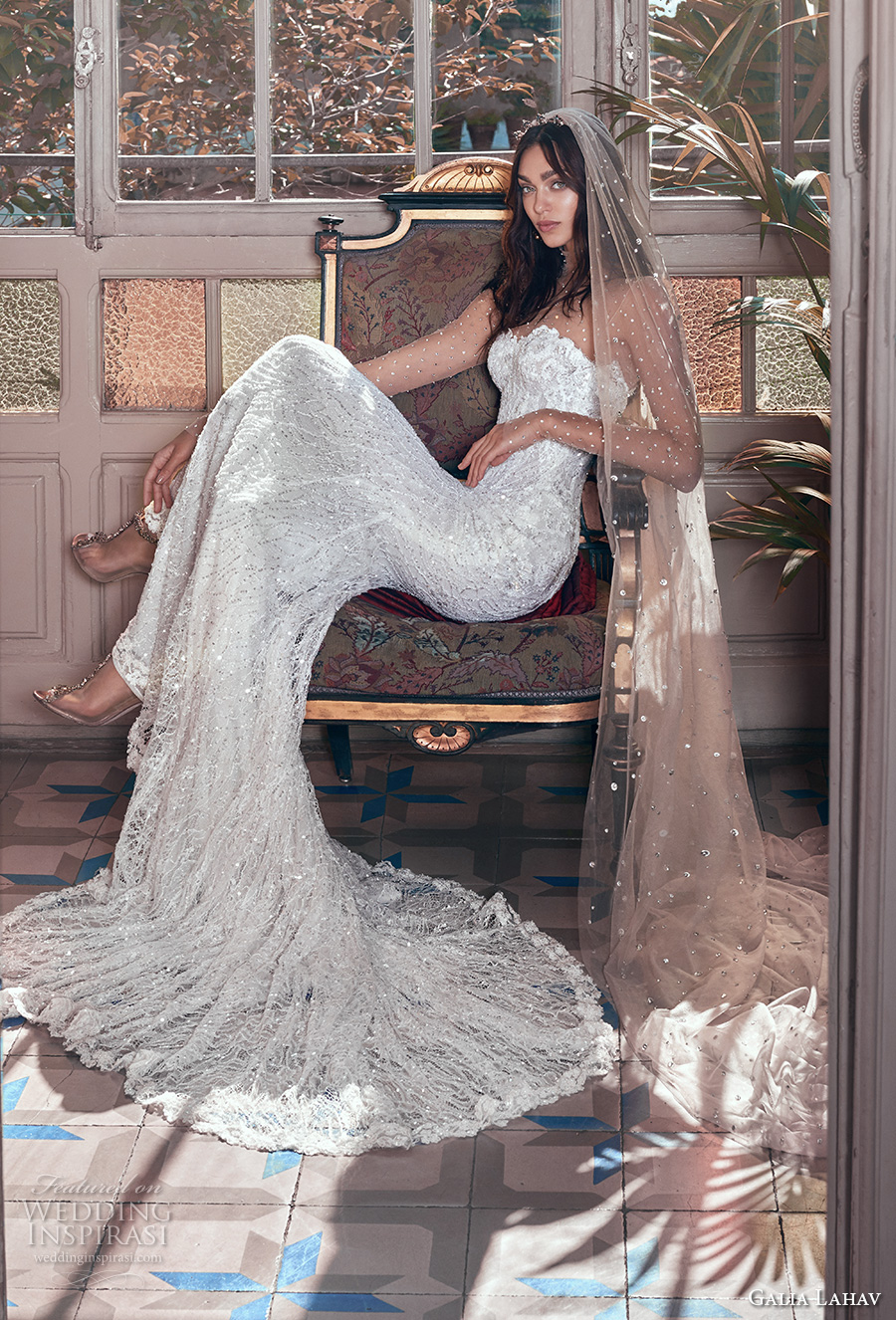 galia lahav spring 2018 bridal illusion long sleeves illusion high neck sweetheart neckline full embellishment elegant fit and flare sheath wedding dress chapel train (inez) mv