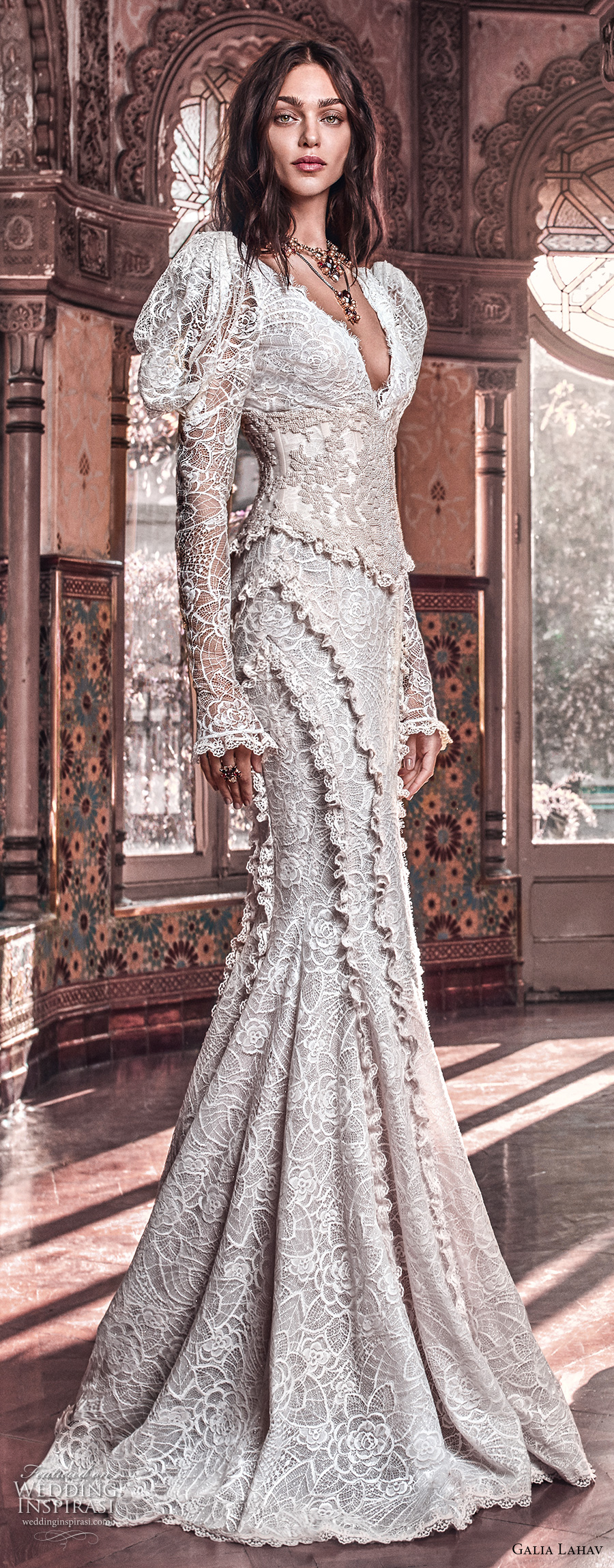 galia lahav spring 2018 bridal leg of mutton long sleeves v neck full embellishment elegant vintage fit and flare wedding dress mid scoop back chapel train (charlie and dolly belt) mv