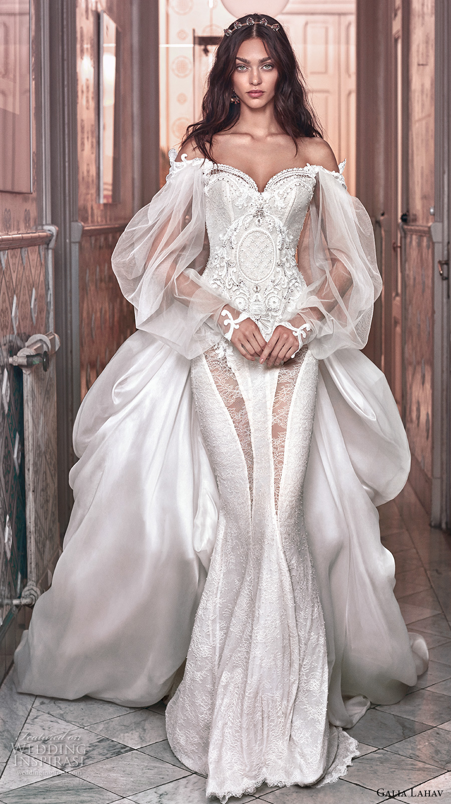 galia lahav spring 2018 bridal long bishop sleeves off the shoulder sweetheart neckline heavily embellished bodice vintage fit and flare wedding dress a  line overskirt chapel train (thelma) mv