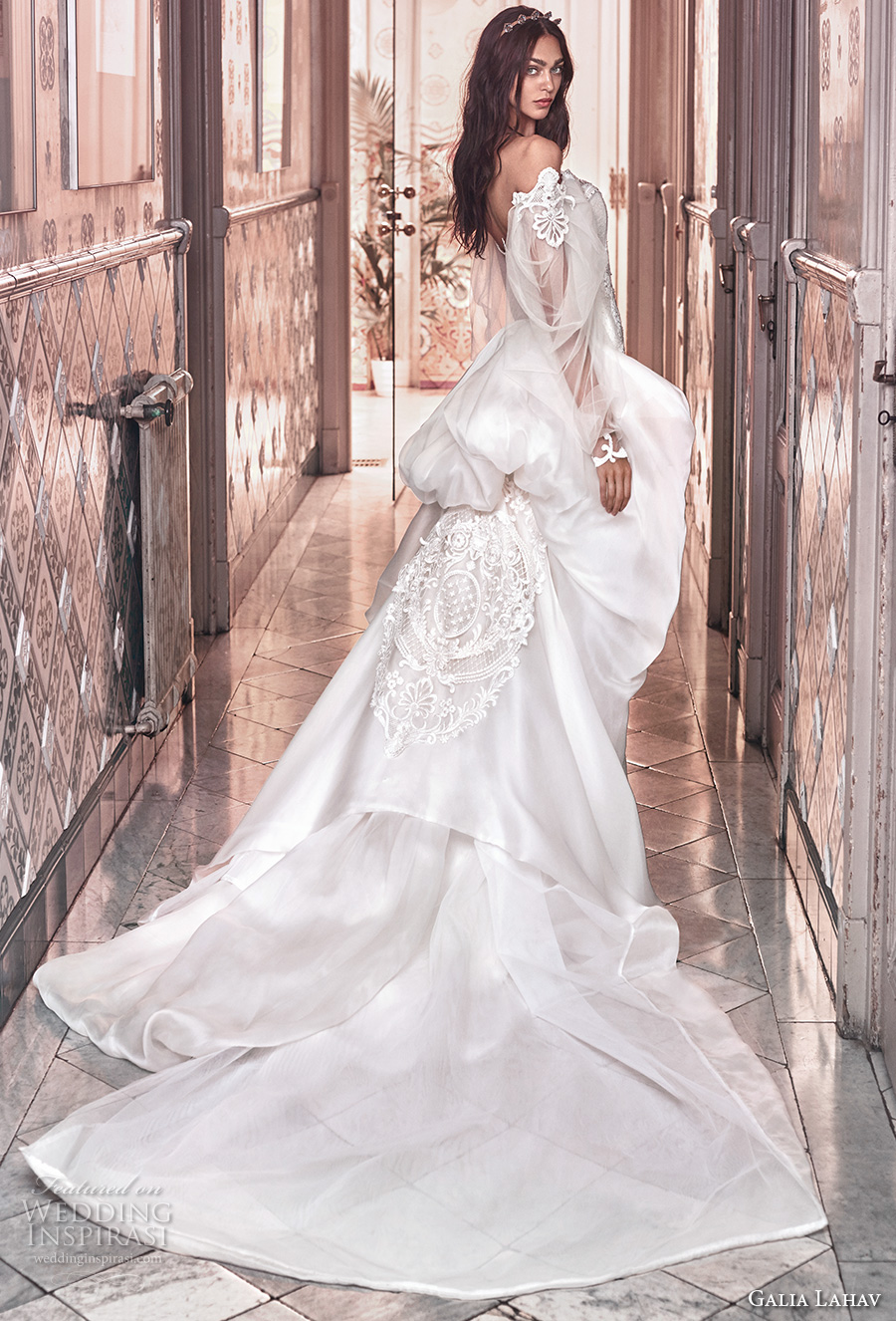 galia lahav spring 2018 bridal long bishop sleeves off the shoulder sweetheart neckline heavily embellished bodice vintage fit and flare wedding dress a  line overskirt chapel train (thelma) sdv