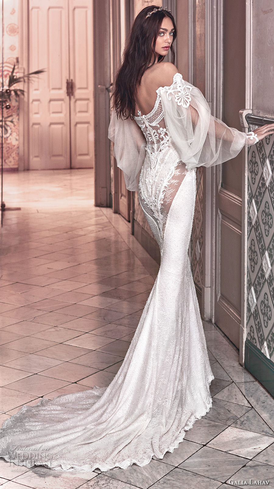 galia lahav spring 2018 bridal long bishop sleeves off the shoulder sweetheart neckline heavily embellished bodice vintage fit and flare wedding dress sweep train (thelma) bv