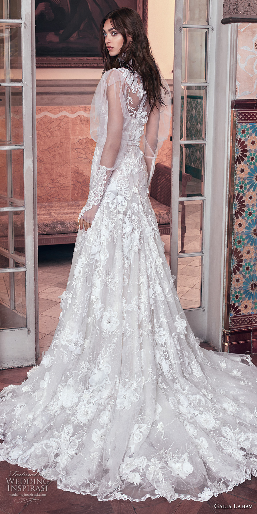 galia lahav spring 2018 bridal puffed long sleeves high neck sweetheart neckline full embellishment vintage a  line wedding dress sheer back chapel train (laura and top) bv