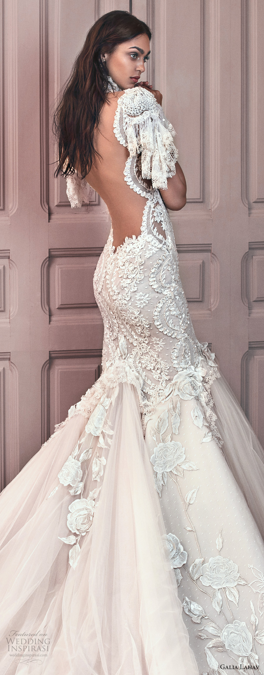 galia lahav spring 2018 bridal short sleeves illusion high sweetheart neck heavily embellished bodice tulle skirt ivory color mermaid wedding dress open low back royal train (ms genesis) zbv