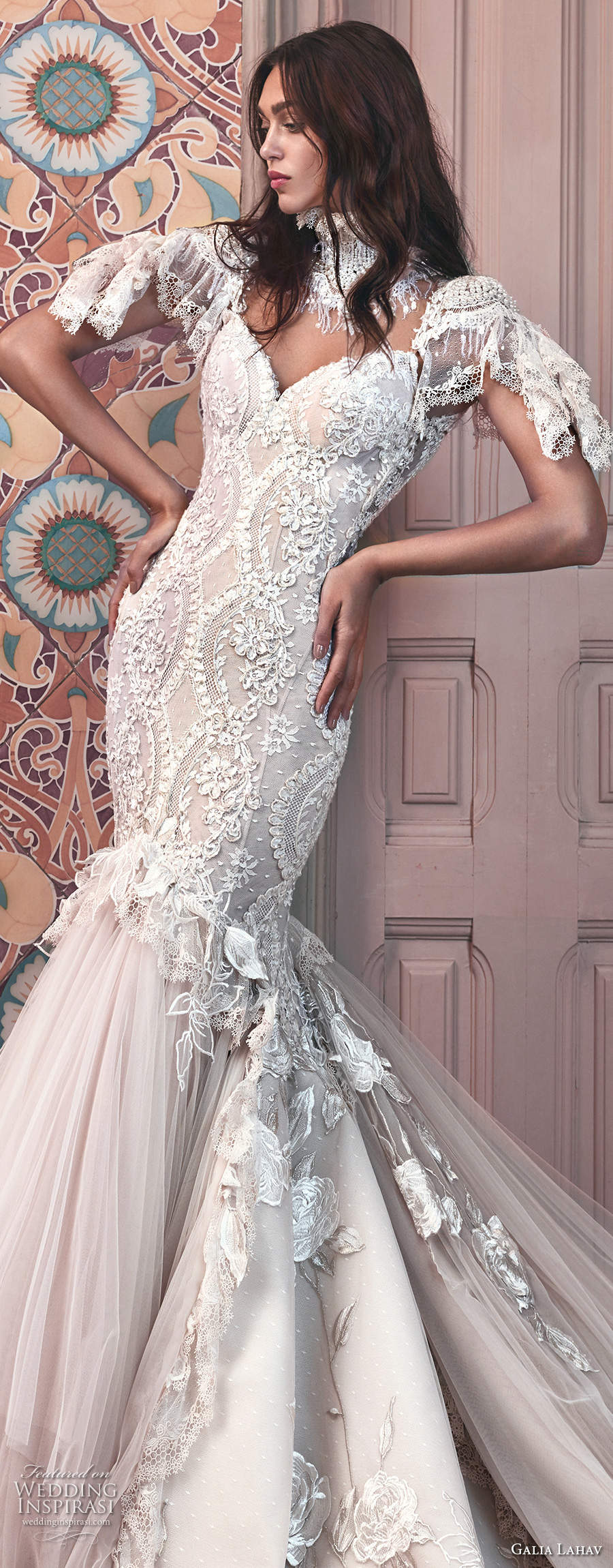 galia lahav spring 2018 bridal short sleeves illusion high sweetheart neck heavily embellished bodice tulle skirt ivory color mermaid wedding dress open low back royal train (ms genesis) zv