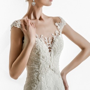jillian 2018 bridal cap sleeves sweetheart neckline heavily embellished bodice elegant sheath wedding dress sheer button back chapel train (06) zv