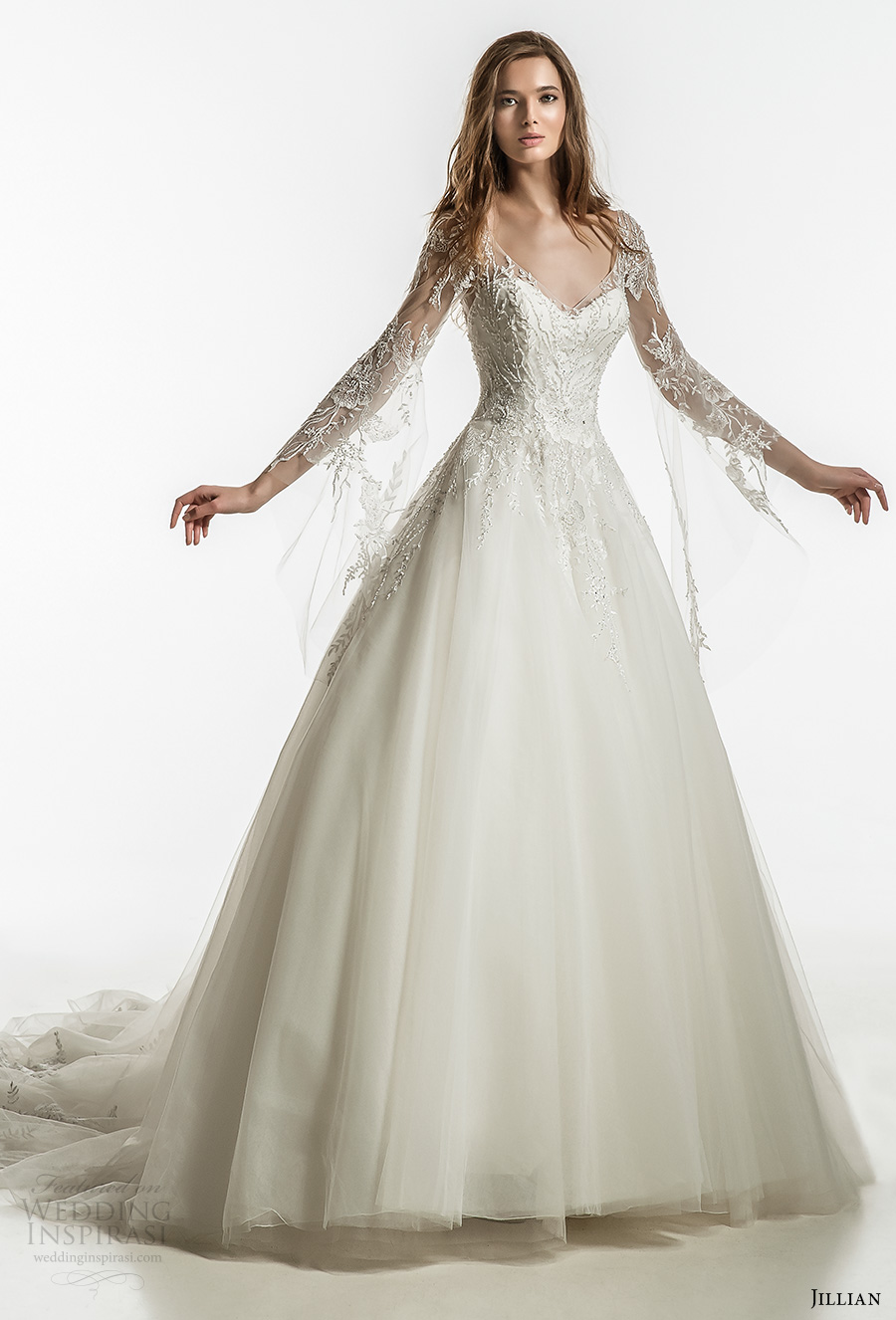 jillian 2018 bridal long sleeves sweetheart neckline heavily embellished bodice romantic fairytale a  line wedding dress open v back royal train (22) mv