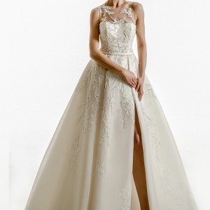 jillian 2018 bridal sleeveless illusion jewel semi sweetheart neckline heavily embellished bodice elegant a  line wedding dress high front slit sheer lace back chapel train (07) mv