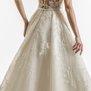 jillian 2018 bridal sleeveless illusion jewel semi sweetheart neckline heavily embellished bodice elegant a  line wedding dress high front slit sheer lace back chapel train (07) zbv