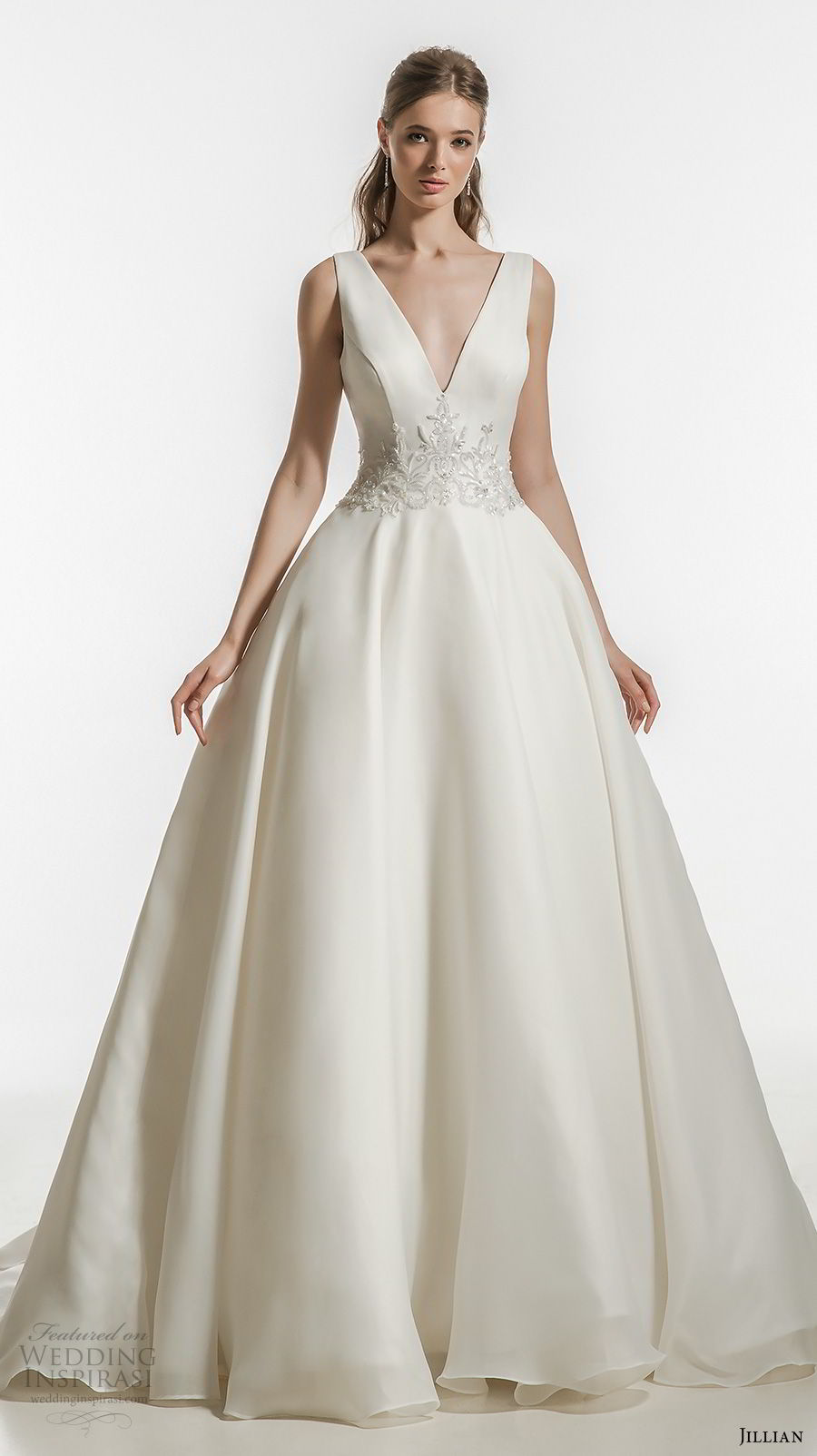 jillian 2018 bridal sleeveless v neck lightly embellished waist simple clean romantic classic ball gown wedding dress chapel train (23) mv