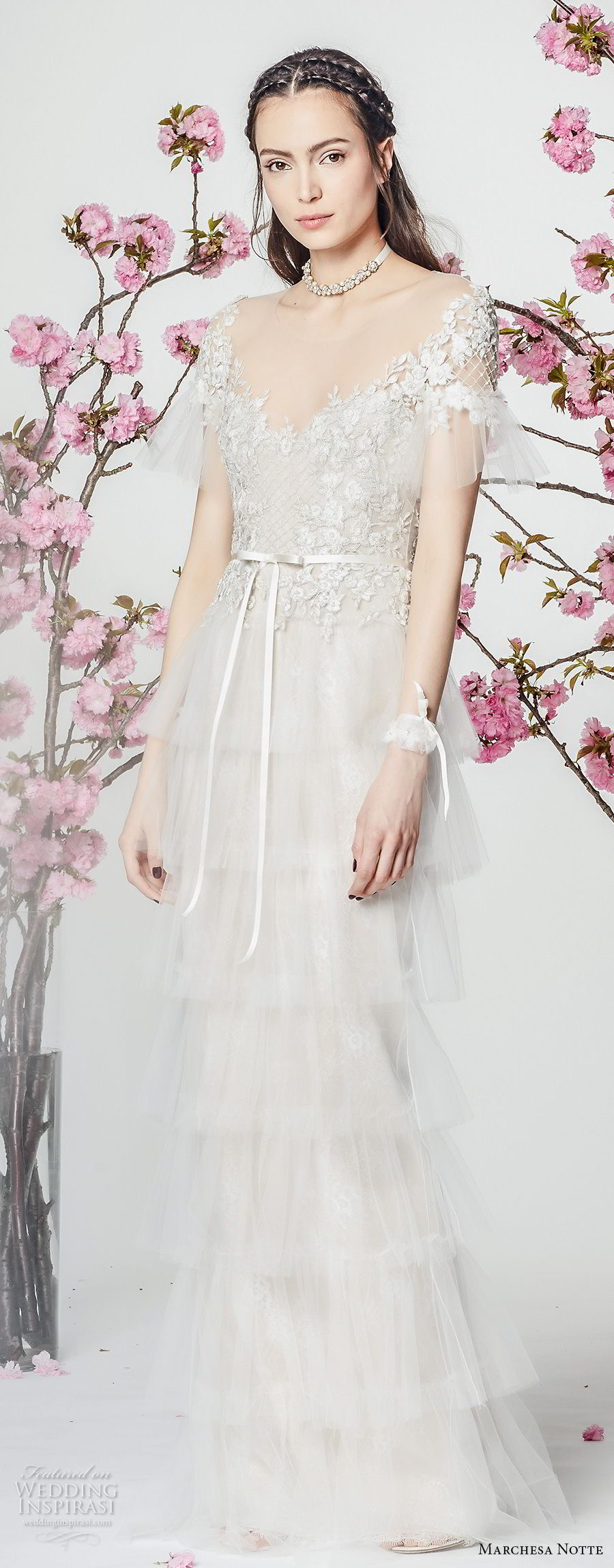 marchesa notte spring 2018 bridal short sleeves scoop neckline heavily embellished bodice layered skirt romantic column wedding dress (9) mv