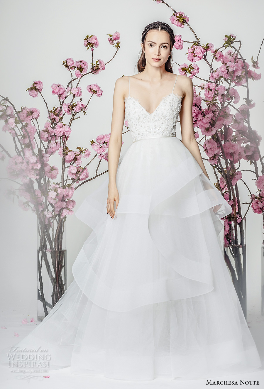 marchesa notte spring 2018 bridal sleeveless spaghetti strap sweetheart neckline heavily embellished bodice layered skirt a  line wedding dresschapel train (13) mv