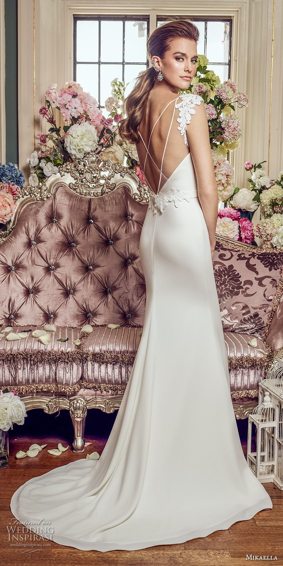 mikaella fall 2017 bridal cap sleeves sheer bateau sweetheart neckline simple clean elegant sheath wedding dress open strap back sweep train (2160) bv