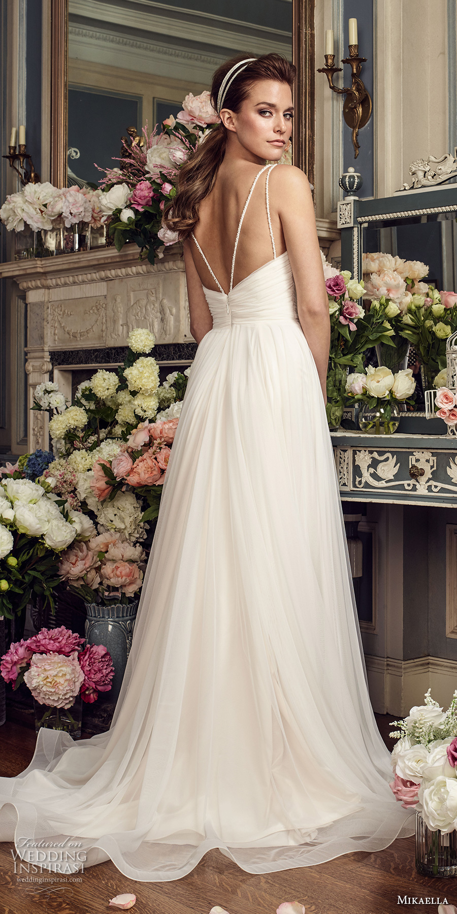 mikaella fall 2017 bridal double thin strap deep sweetheart neckline ruched bodice simple tulle skirt flowy a  line wedding dress open strap back sweep train (2155) bv