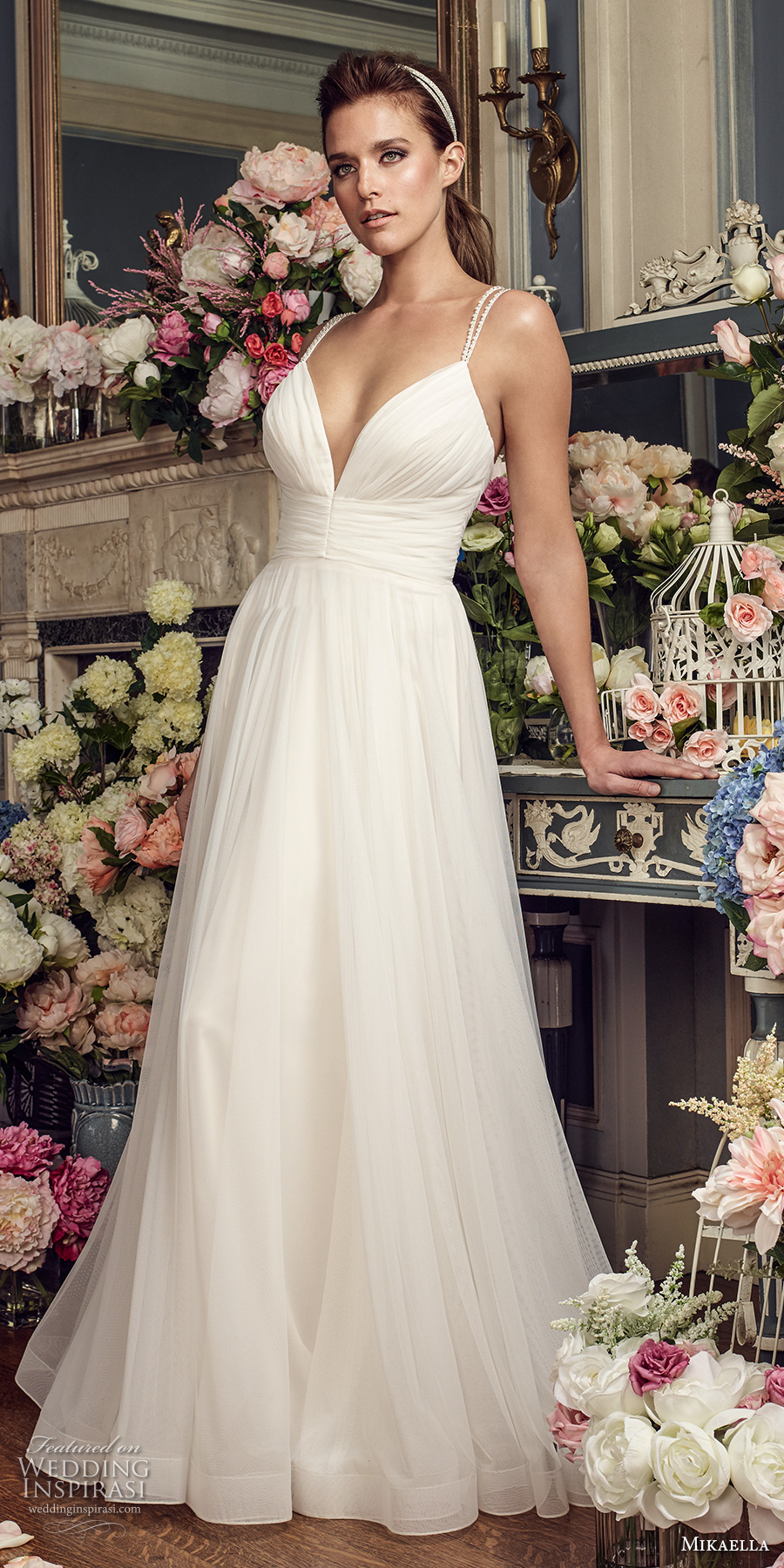 mikaella fall 2017 bridal double thin strap deep sweetheart neckline ruched bodice simple tulle skirt flowy a line wedding dress open strap back sweep train (2155) mv mikaella fall 2017 bridal double thin strap deep sweetheart neckline ruched bodice simple tulle skirt flowy a line wedding dress open strap back sweep train (2155) mv