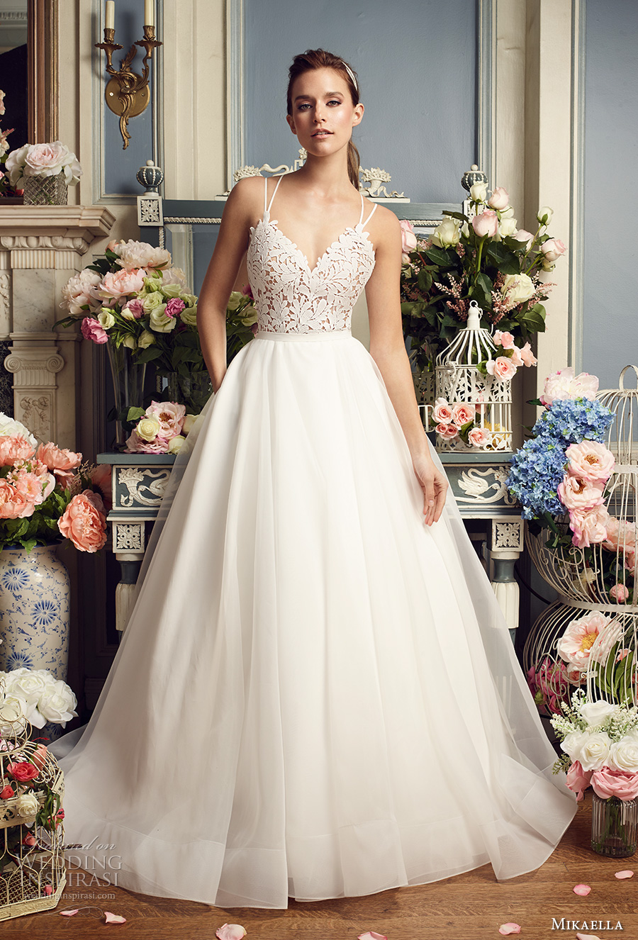 mikaella fall 2017 bridal double thin strap sweetheart neckline heavily embellished bodice romantic a  line wedding dress strap back chapel train (2158) mv