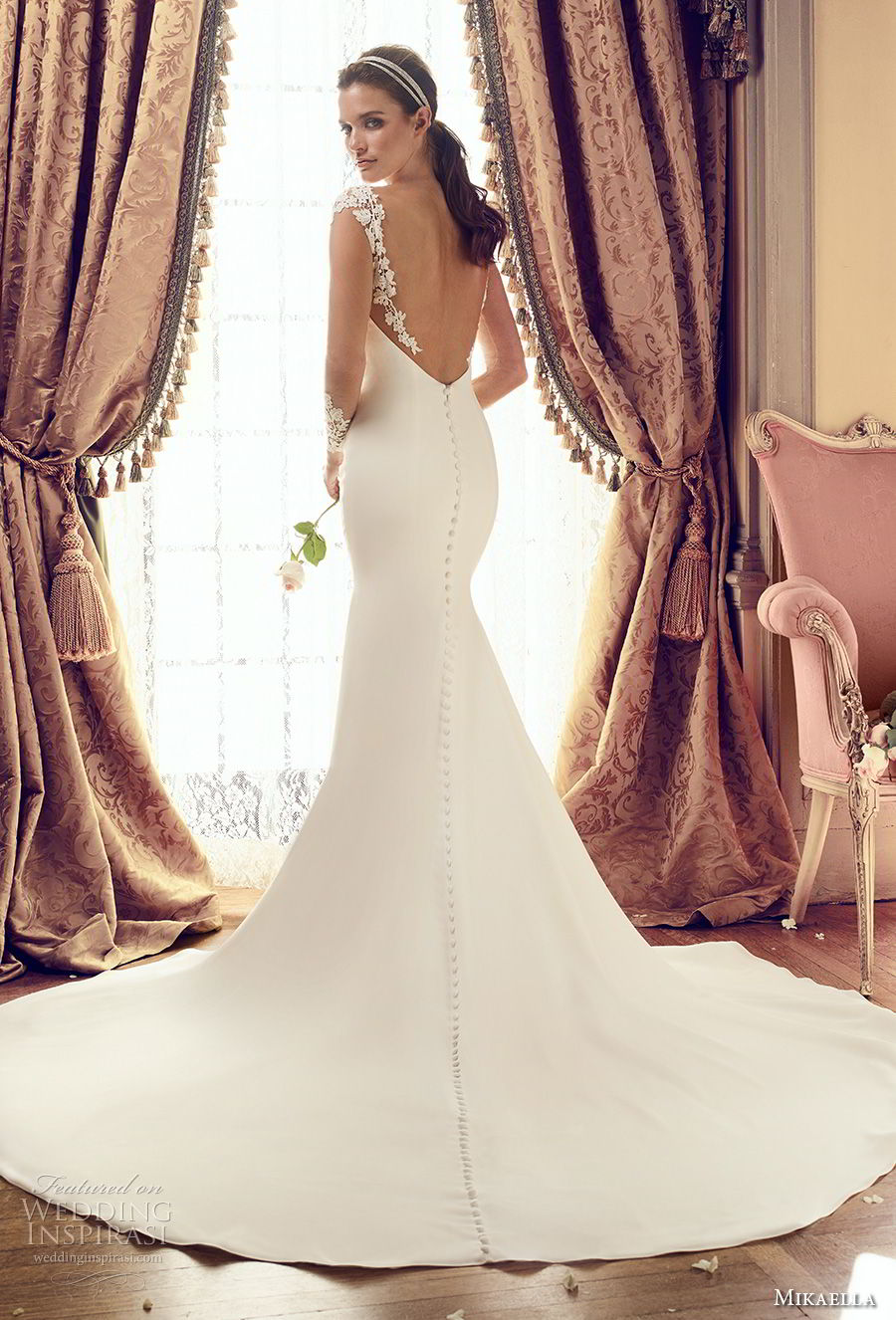 mikaella fall 2017 bridal illusion long sleeves semi sweetheart neckline simple clean elegant fit and flare wedding dress open back chapel train (2151) bv
