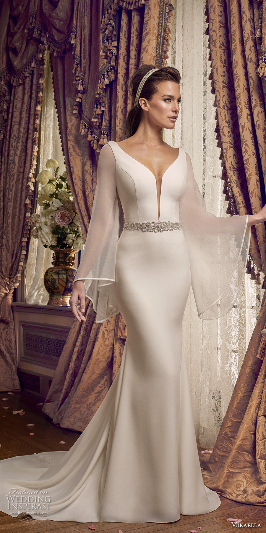 mikaella fall 2017 bridal long angel sleeves deep plunging v neck simple clean chic elegant fit and flare wedding dress open v back chapel train (2169) mv mikaella fall 2017 bridal long angel sleeves deep plunging v neck simple clean chic elegant fit and flare wedding dress open v back chapel train (2169) mv