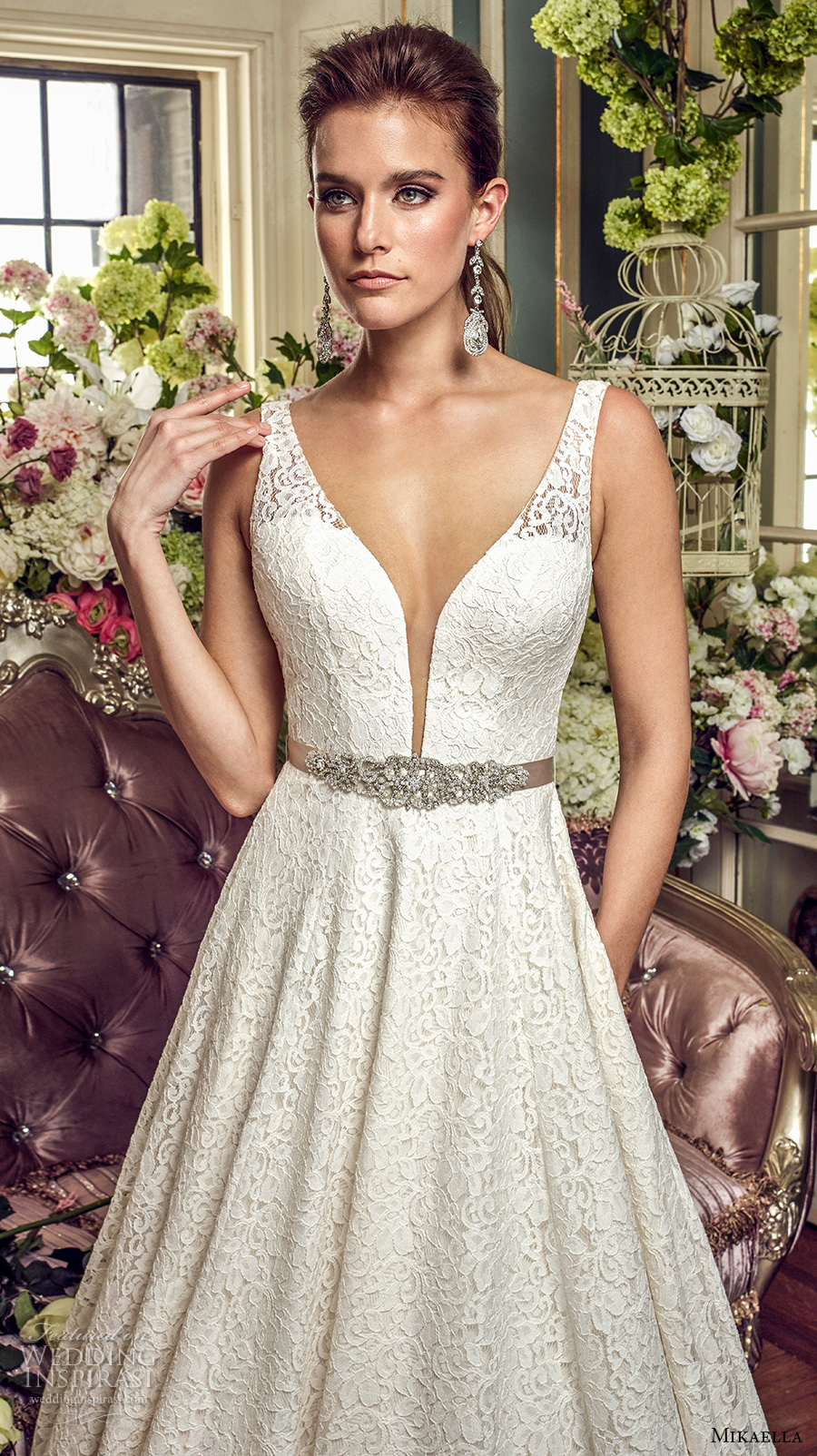 mikaella fall 2017 bridal sleeveless thick strap deep plunging sweetheart neckline full embellishment romantic a  line wedding dress open v back chapel train (2167) zv