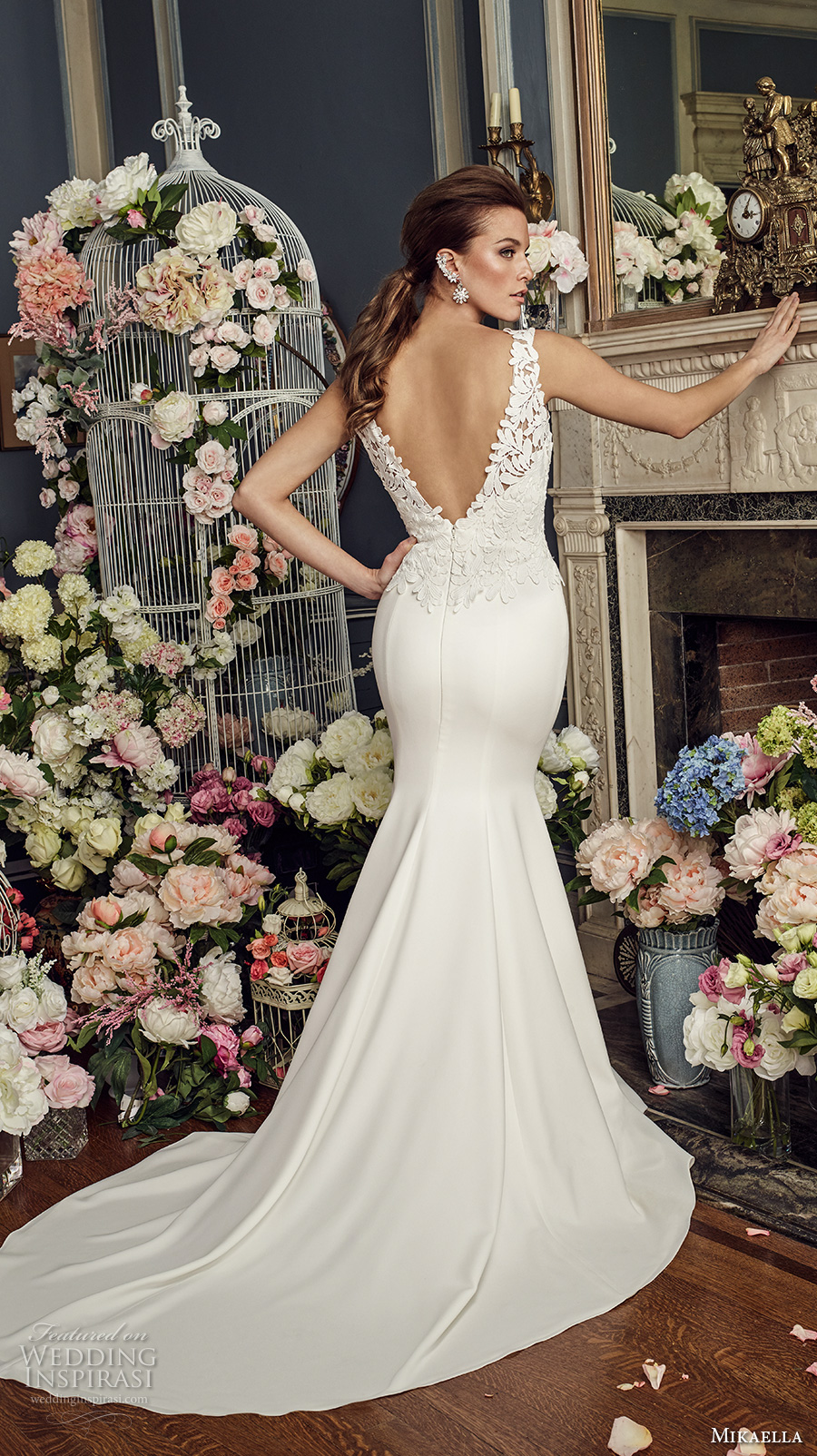 mikaella fall 2017 bridal sleeveless thick strap deep plunging v neck heavily embellished bodice satin skirt elegant sheath wedding dress open v back chapel train (2160) bv