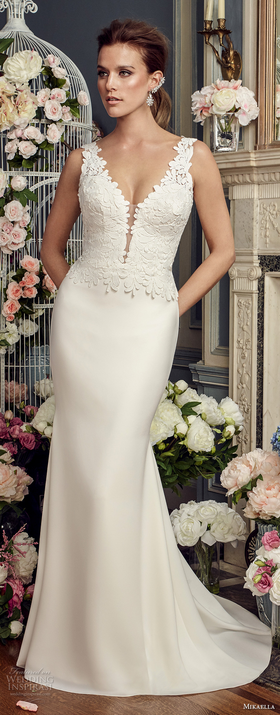 mikaella fall 2017 bridal sleeveless thick strap deep plunging v neck heavily embellished bodice satin skirt elegant sheath wedding dress open v back chapel train (2160) mv mikaella fall 2017 bridal sleeveless thick strap deep plunging v neck heavily embellished bodice satin skirt elegant sheath wedding dress open v back chapel train (2160) mv