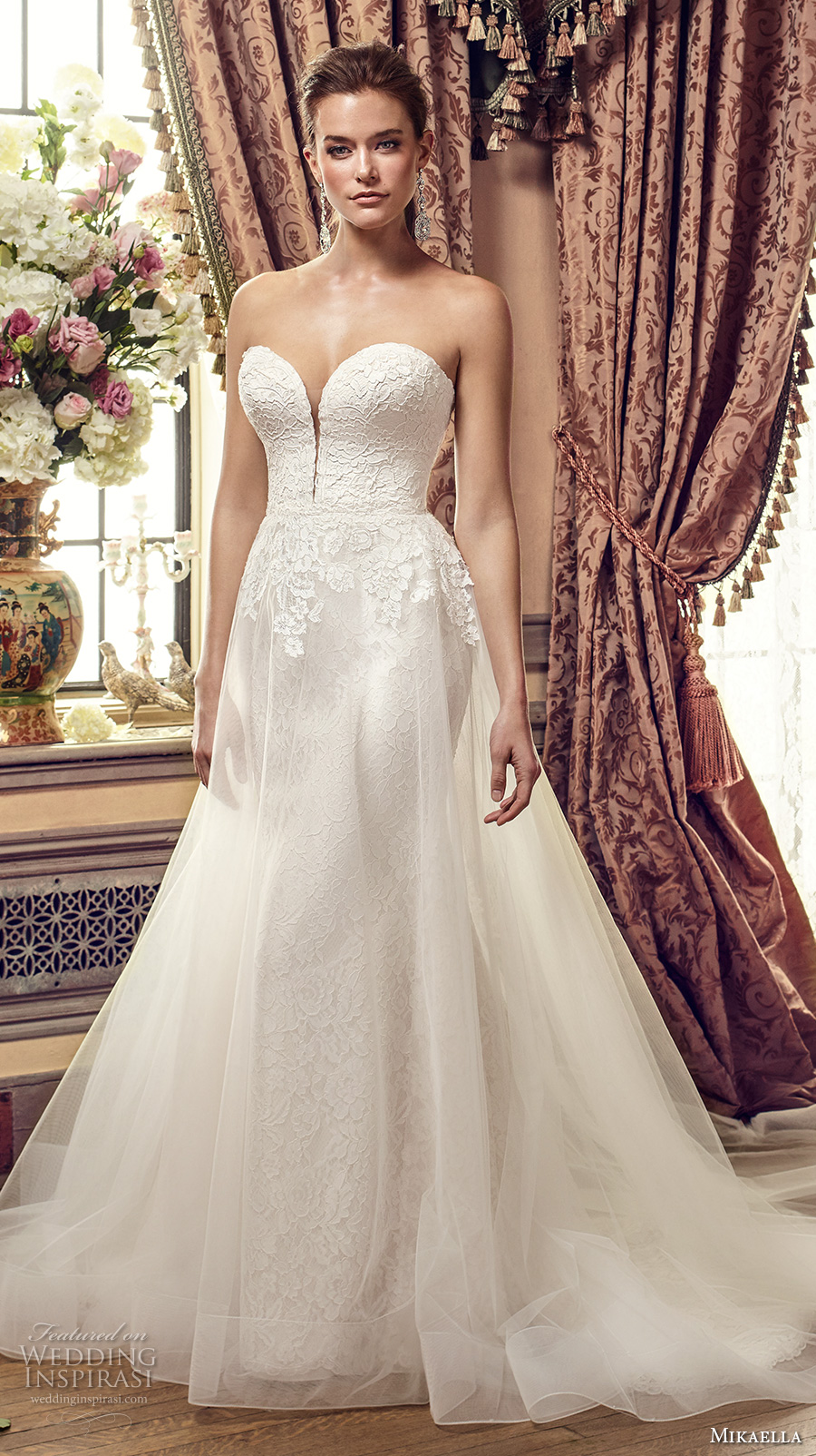 mikaella fall 2017 bridal strapless deep plunging sweetheart neckline heavily embellished bodice tulle skirt romantic a line wedding dress chapel train (2152) mv mikaella fall 2017 bridal strapless deep plunging sweetheart neckline heavily embellished bodice tulle skirt romantic a line wedding dress chapel train (2152) mv