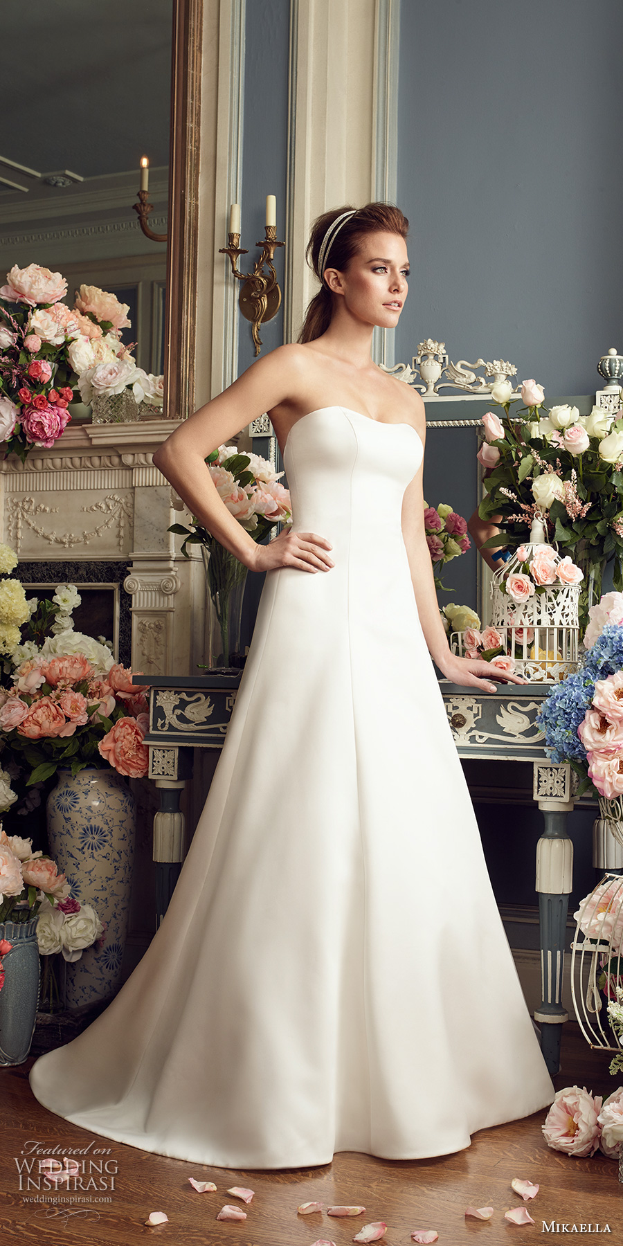 mikaella fall 2017 bridal strapless semi sweetheart neckline simple clean elegant classic a  line wedding dress open strap back long train (2166) mv