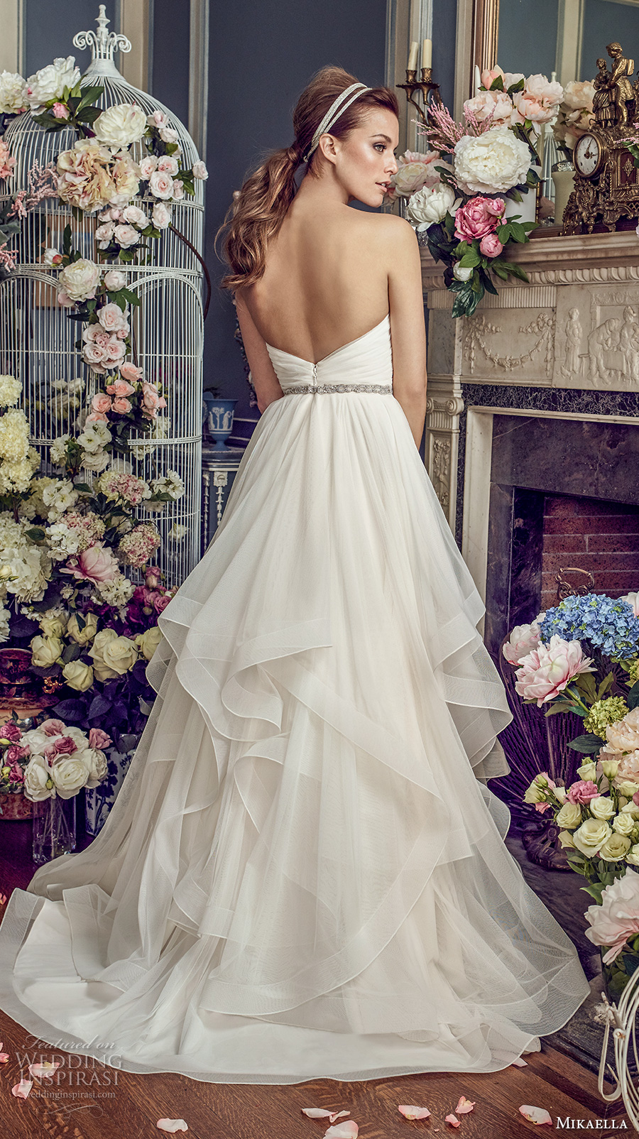 mikaella fall 2017 bridal strapless sweetheart neckline surplice ruched bodice layered skirt romanitc pretty a  line wedding dress medium train (2164) bv