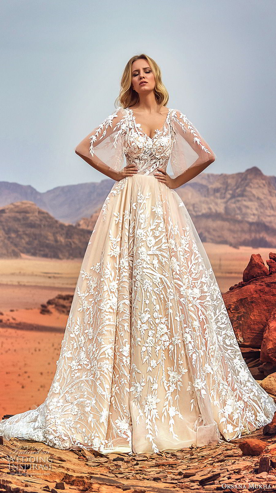 oksana mukha 2018 bridal half angel sleeves v neck full embellishment romantic a  line wedding dress covered lace back royal train (jadice) mv